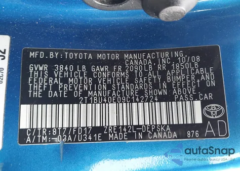 2009 Toyota Corolla S из США, поврежденный, VIN 2T1BU40E09C142724